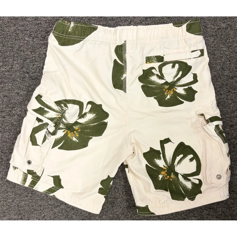 Hollister Mens Cargo Swim Trunks White Green Floral‎ Hibiscus Board Shorts Small